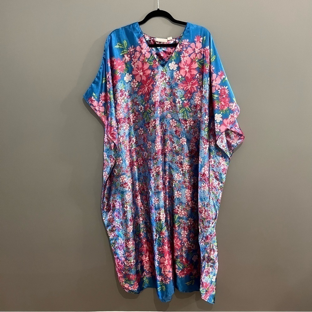 VINTAGE Vanity Fair Blue Floral Satin Kaftan Duster Kimono Maxi Dress Coverup